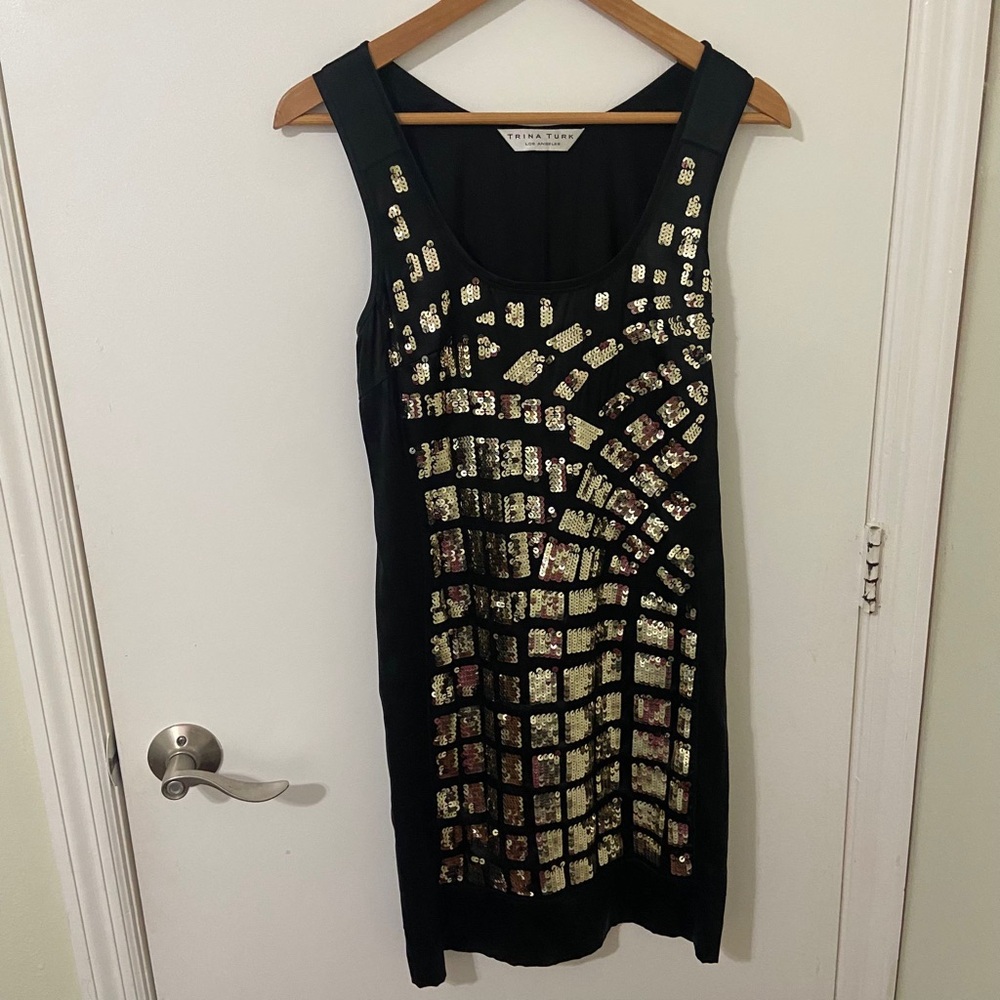 Trina Turk | Women’s Sleeveless Black and Gold Sequin Silk Dress | Size Medium